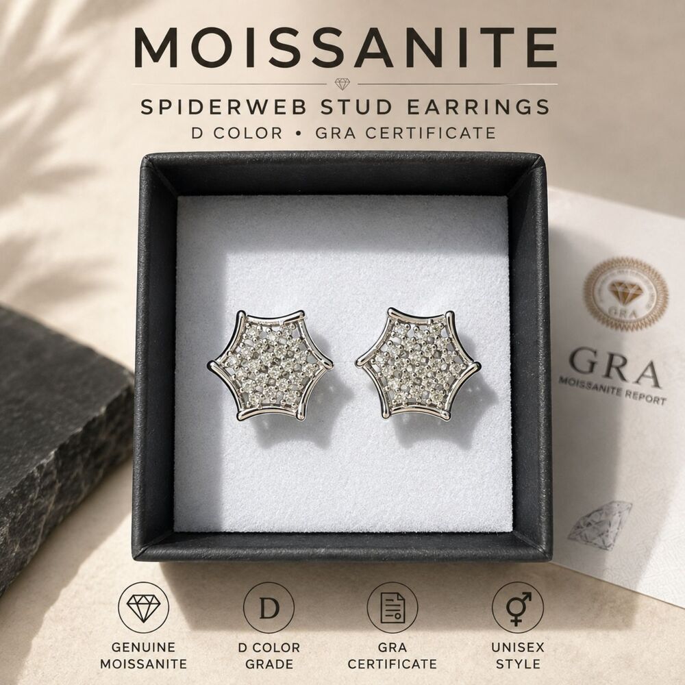 Moissanite Spiderweb Stud Earrings - D Color - GRA Certificate - Silver Tone
